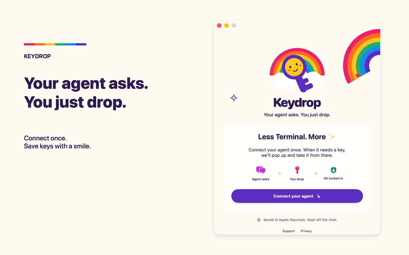 Keydrop's welcome window with the rainbow key mascot, the three steps Agent asks, You drop, All tucked in, and a Connect your agent button
